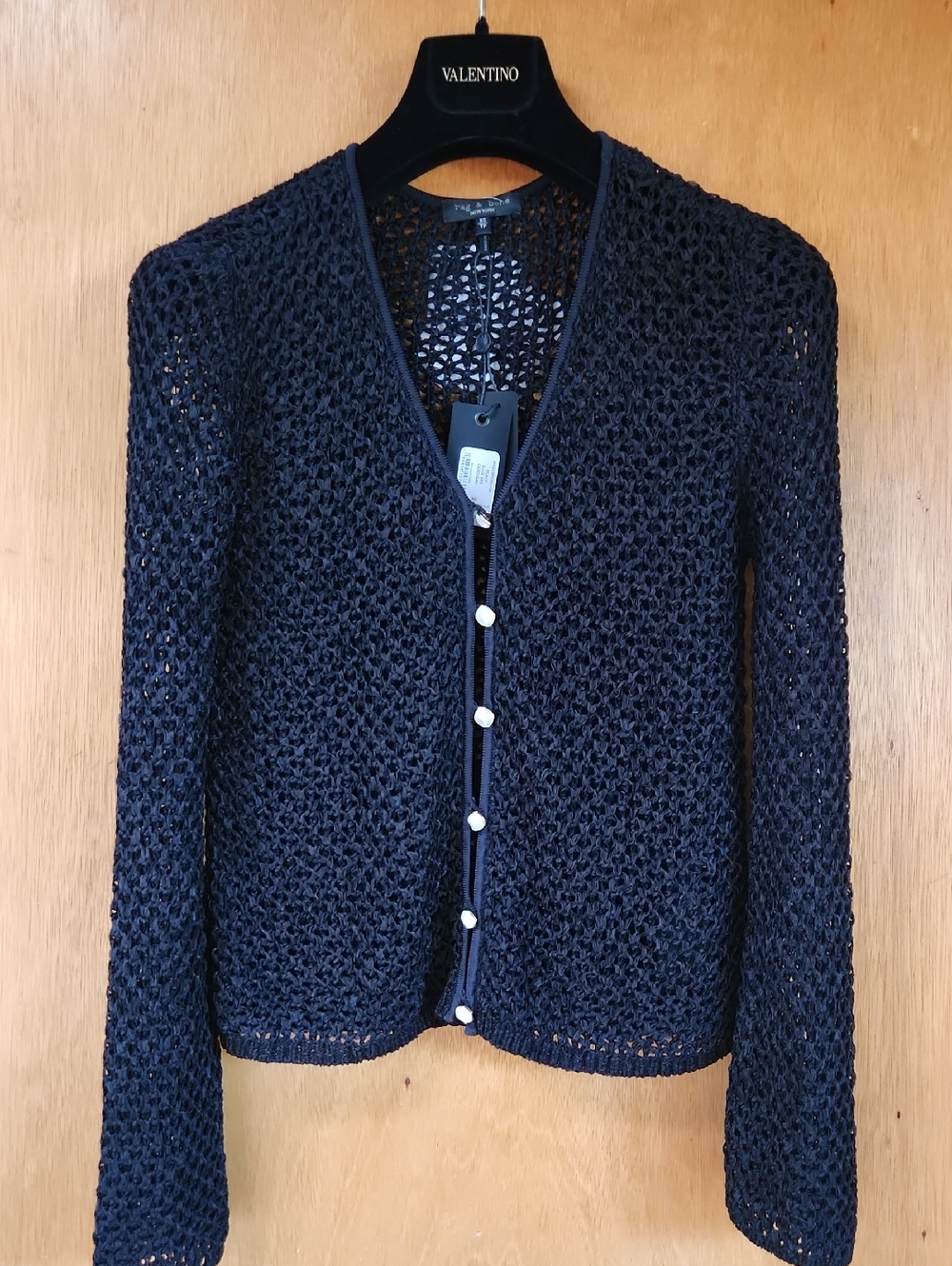 Rag & Bone Black Open-Knit Cardigan with Pearl Buttons